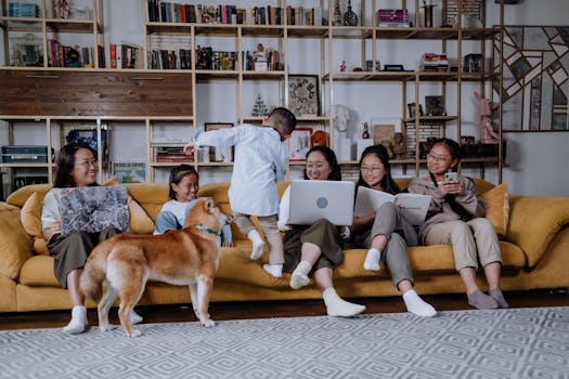 happy family with a Shiba Inu